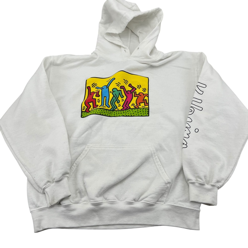 Keith Haring White Graphic Hoodie Dancing Figures Art‎ Sleeve Print Large